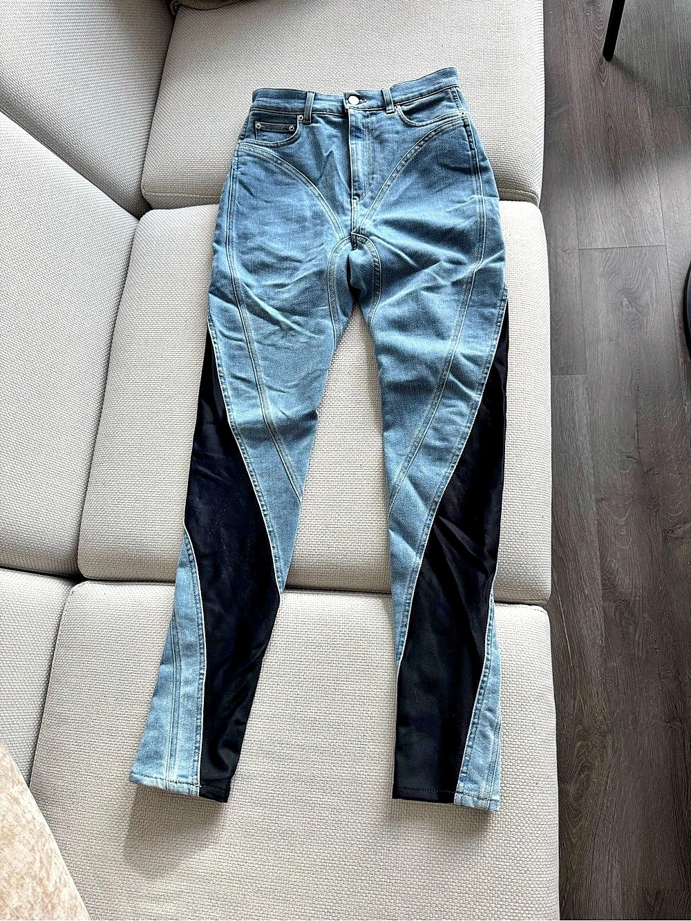 Mugler x H&M Spiral Seam Jean Leggings — Denim & Black Panels — Sz 8 (EUR 40)